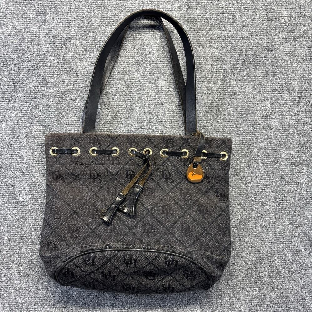 Dooney & Bourke DB Monogram Canvas Tote Black Grommet Drawstring Vintage USA